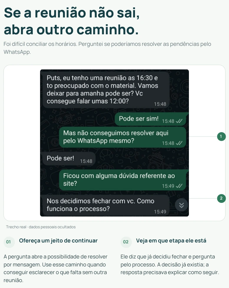 Trecho real de negociação pelo WhatsApp com dados pessoais ocultados e comentários de estratégia