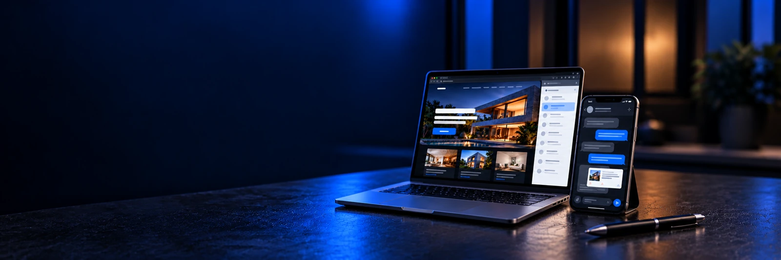 Notebook com um site de serviços e smartphone representando uma negociação comercial