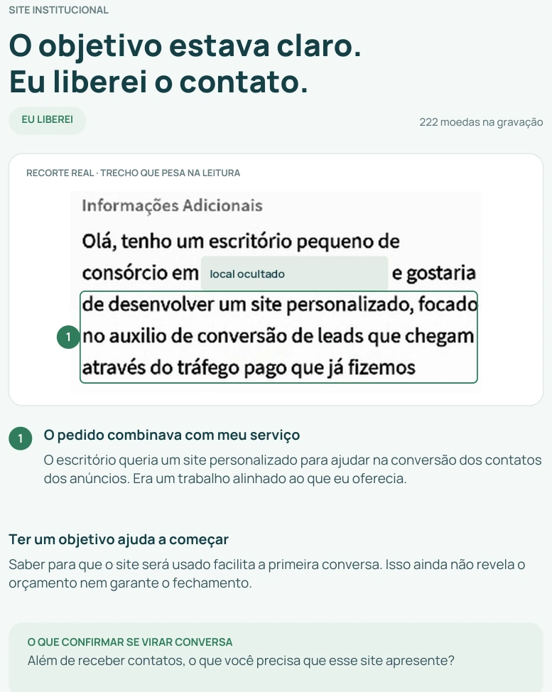 Página real comentada: análise de um pedido de site, com localização ocultada